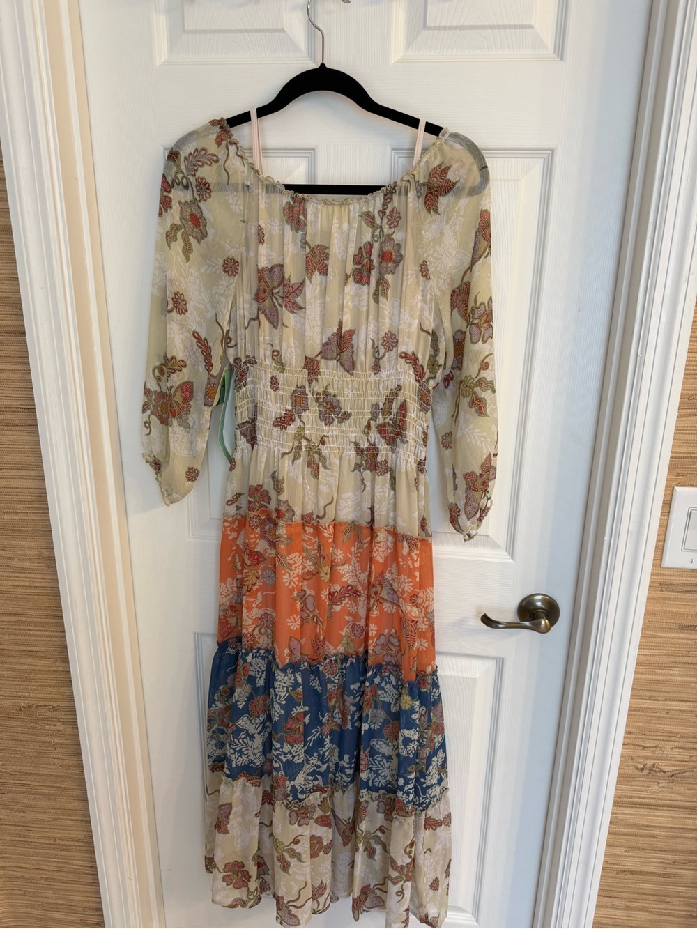 fig and flower Cream, Orange & Blue Floral Tiered Maxi Dress - no size tag - Picture 5 of 7